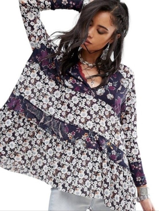 Free People Tops - Free People Floral Patchwork Tiered Babydoll Tunic Dress Oversized Boho
